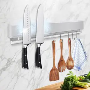 12 Inch Magnetic Knife Holder for Wall - Stainless Steel Magnet Knife Strip No Drill with 5 Hooks/Adhesive Tape/Screws, Kitchen Utensil Holder, Magnetic Knife Organizer, Wall Mounted Knife Storage 12 Inch Magnetic Knife Holder for Wall - Stainless Steel Magnet Knife Strip No Drill with 5 Hooks/Adhesive Tape/Screws, Kitchen Utensil Holder, Magnetic Knife Organizer, Wall Mounted Knife Storage