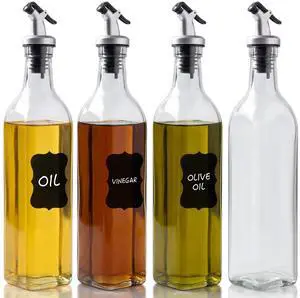 4 Pack 17 oz (500ml) Clear Glass Oil & Vinegar Dispenser Bottles, Leakproof Set with 4 Pour Spouts & 4 Labels, Kitchen Tools for Salad, BBQ, Air Fryer Cooking 4 Pack 17 oz (500ml) Clear Glass Oil & Vinegar Dispenser Bottles, Leakproof Set with 4 Pour Spouts & 4 Labels, Kitchen Tools for Salad, BBQ, Air Fryer Cooking