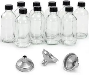 10 Pack, 4 oz Small Clear Glass Bottles w/ Lids & 3 Stainless Steel Funnel - 120ml Boston Round Sample Bottle for Potion, Juice, Ginger Shot, Wellness, Oils, Whiskey, Liquids - Leakproof Travel Bottle 10 Pack, 4 oz Small Clear Glass Bottles w/ Lids & 3 Stainless Steel Funnel - 120ml Boston Round Sample Bottle for Potion, Juice, Ginger Shot, Wellness, Oils, Whiskey, Liquids - Leakproof Travel Bottle