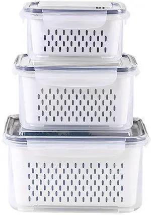 3Pack Fridge Food Storage Container Set with Lids with Strainer,Plastic Fresh Produce Saver Vegetable Fruit Meat Storage Organization, BPA-Free Plastic Produce Keepers(3.15L+1.7L+0.8L) 3Pack Fridge Food Storage Container Set with Lids with Strainer,Plastic Fresh Produce Saver Vegetable Fruit Meat Storage Organization, BPA-Free Plastic Produce Keepers(3.15L+1.7L+0.8L)