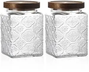 Vintage Glass Airtight Storage Jar Set of 2, With Airtight Wood Lid, Kitchen Food Storage Containers,Suitable for storage Tea leaves,Coffee Beans,dried fruits, cereals, etc(Plum pattern) Vintage Glass Airtight Storage Jar Set of 2, With Airtight Wood Lid, Kitchen Food Storage Containers,Suitable for storage Tea leaves,Coffee Beans,dried fruits, cereals, etc(Plum pattern)