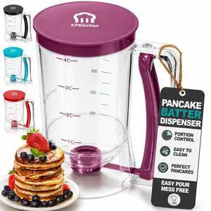 Pancake Batter Dispenser, Squeeze Handle for Pancakes, Waffles & Cupcakes |Griddle Use, Cake, Crepe and Muffin Batter, Measuring Marks, Easy Portion Control, Mess-Free Pouring, 4-Cup Capacity, Purple. Pancake Batter Dispenser, Squeeze Handle for Pancakes, Waffles & Cupcakes |Griddle Use, Cake, Crepe and Muffin Batter, Measuring Marks, Easy Portion Control, Mess-Free Pouring, 4-Cup Capacity, Purple.