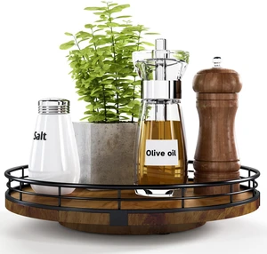 10-Inch Farmhouse Oak Lazy Susan Cabinet Organizer, Walnut Finish | Smooth rotating oak tray with walnut finish for dining tables, kitchen counters, pantries and cabinet storage. 10-Inch Farmhouse Oak Lazy Susan Cabinet Organizer, Walnut Finish | Smooth rotating oak tray with walnut finish for dining tables, kitchen counters, pantries and cabinet storage.