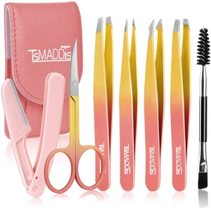 7 pcs Tweezers Set for Women Facial Hair, Precision Tweezer for Eyebrows with Curved Scissor and Eyebrow Razor for Ingrown Hair, Pink&Yellow 7 pcs Tweezers Set for Women Facial Hair, Precision Tweezer for Eyebrows with Curved Scissor and Eyebrow Razor for Ingrown Hair, Pink&Yellow
