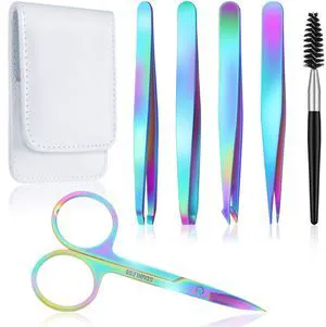 6 Pcs Eyebrow Tweezers Set for Women, Rainbow Color | Plucker with Curved Scissor,Eyebrow Scissors, Eyelash Brush,Girl Facial Hair & Brow,Beauty Tools with Leather Storage Case 6 Pcs Eyebrow Tweezers Set for Women, Rainbow Color | Plucker with Curved Scissor,Eyebrow Scissors, Eyelash Brush,Girl Facial Hair & Brow,Beauty Tools with Leather Storage Case