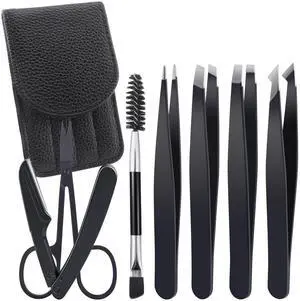 7 PCS Eyebrow Tweezers Kit Stainless Steel Precision Tweezer Set with Brow Scissors Eyebrow Blade Spoolie for Facial, Ingrown Hair, Eyelash Extension - Black 7 PCS Eyebrow Tweezers Kit Stainless Steel Precision Tweezer Set with Brow Scissors Eyebrow Blade Spoolie for Facial, Ingrown Hair, Eyelash Extension - Black
