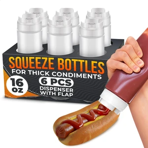6 Pcs 16 oz Condiment Squeeze Bottles for Sauces, Self-Closing Valve | Inverted Squeeze Bottle Set, Wide-Mouth Refillable Clear Plastic Dispensers, for BBQ, Ketchup, Mustard, Mayo, and Dressing 6 Pcs 16 oz Condiment Squeeze Bottles for Sauces, Self-Closing Valve | Inverted Squeeze Bottle Set, Wide-Mouth Refillable Clear Plastic Dispensers, for BBQ, Ketchup, Mustard, Mayo, and Dressing