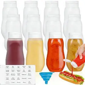 12 Pack Condiment Squeeze Bottles, 12 oz Plastic Squirt Bottles with Flip Top Cap, Reusable Empty Sauce Containers with Labels & Silicone Funnels for Ketchup, Mustard, Syrup, Salad Dressings 12 Pack Condiment Squeeze Bottles, 12 oz Plastic Squirt Bottles with Flip Top Cap, Reusable Empty Sauce Containers with Labels & Silicone Funnels for Ketchup, Mustard, Syrup, Salad Dressings