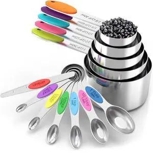 measuring cups and magnetic measuring spoons set, stainless steel measuring cups, 6 double-sided stainless steel measuring spoons & 1 leveler (12) measuring cups and magnetic measuring spoons set, stainless steel measuring cups, 6 double-sided stainless steel measuring spoons & 1 leveler (12)