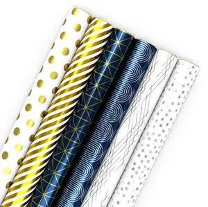 Bulk Wrapping Paper Rolls for Birthday, Wedding, Graduation Blue Metallic Gift Wrap Paper (Set of 6 Rolls: 180 Square Feet Total) Silver Stars, Gold Dots, Stripes, Navy Bulk Wrapping Paper Rolls for Birthday, Wedding, Graduation Blue Metallic Gift Wrap Paper (Set of 6 Rolls: 180 Square Feet Total) Silver Stars, Gold Dots, Stripes, Navy