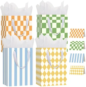 4 Pcs 10.6" Plaid Gift Bags, Medium Birthday Gift Bag for Kids Women | 4 Colorful Designs, with Tissue Paper Ribbon Greeting Cards, Baby Shower Birthday, Wedding Bridal Shower, Summer Beach Party 4 Pcs 10.6" Plaid Gift Bags, Medium Birthday Gift Bag for Kids Women | 4 Colorful Designs, with Tissue Paper Ribbon Greeting Cards, Baby Shower Birthday, Wedding Bridal Shower, Summer Beach Party