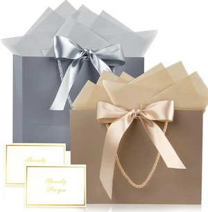2 Pcs Large Gift Bag, Birthday Gift Bag With 2-Color Ribbon, 2 Greeting Cards and 4 Sheets Tissue Paper, Portable Paper Gift Bag for Birthday Parties, Wedding Parties, Baby Showers, Christmas 2 Pcs Large Gift Bag, Birthday Gift Bag With 2-Color Ribbon, 2 Greeting Cards and 4 Sheets Tissue Paper, Portable Paper Gift Bag for Birthday Parties, Wedding Parties, Baby Showers, Christmas