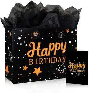 Happy Birthday Gift Bag Set with Tissue Paper & Greeting Card, Large 13" Candy Cookie Gift Bags for Girls, Kids & Women (Black) Happy Birthday Gift Bag Set with Tissue Paper & Greeting Card, Large 13" Candy Cookie Gift Bags for Girls, Kids & Women (Black)