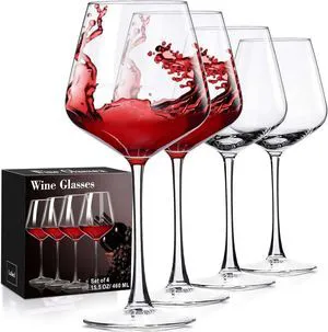 Wine Glasses Set of 4, Hand-Blown Long Stem, Clear Glass, 15 oz | Wide bowl supports swirling for red and white varieties; clear design suits dinners, weddings, bars and outdoor events. Wine Glasses Set of 4, Hand-Blown Long Stem, Clear Glass, 15 oz | Wide bowl supports swirling for red and white varieties; clear design suits dinners, weddings, bars and outdoor events.