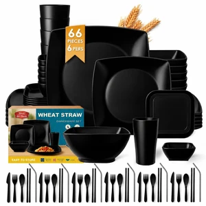 66-piece Black Plates and Bowls Sets, Flatware Dinnerware sets for 6 | Plastic Wheat Straw Dish Set,13.5oz Cup, Sauce Cups, Dishwasher, Outdoor Kitchen RV Camping Essentials, Unbreakable Plate set 66-piece Black Plates and Bowls Sets, Flatware Dinnerware sets for 6 | Plastic Wheat Straw Dish Set,13.5oz Cup, Sauce Cups, Dishwasher, Outdoor Kitchen RV Camping Essentials, Unbreakable Plate set