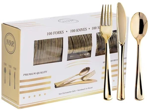 300PCS Gold Plastic Silverware, Disposable Plastic Cutlery/Utensils | Heavy Duty Flatware, 100 Forks, 100 Spoons, 100 Knives, for Party, Wedding & Everyday Use 300PCS Gold Plastic Silverware, Disposable Plastic Cutlery/Utensils | Heavy Duty Flatware, 100 Forks, 100 Spoons, 100 Knives, for Party, Wedding & Everyday Use