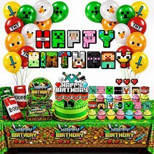 Pixel Game Birthday Party Decorations - Gaming Theme Supplies Set - Including Banner Balloons Tablecloth Plates Toppers Napkins Favor Bags - Bday Pack Craft Decor Kit Boys Girls Pixel Game Birthday Party Decorations - Gaming Theme Supplies Set - Including Banner Balloons Tablecloth Plates Toppers Napkins Favor Bags - Bday Pack Craft Decor Kit Boys Girls