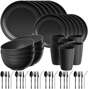 48 Piece Plastic Plates and Bowls Sets for 6,Dinnerware Sets,Black | Unbreakable,Dish Set for Camping,Dishwasher Microwave Safe,Outdoor Kitchen and Apartment Dinning RV Essentials,Cutlery Set 48 Piece Plastic Plates and Bowls Sets for 6,Dinnerware Sets,Black | Unbreakable,Dish Set for Camping,Dishwasher Microwave Safe,Outdoor Kitchen and Apartment Dinning RV Essentials,Cutlery Set