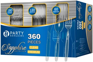 Disposable Cutlery set, SAPPHIRE Design, Clear Color, 360 Pieces: 180 Forks, 120 Spoons, 60 Knives Disposable Cutlery set, SAPPHIRE Design, Clear Color, 360 Pieces: 180 Forks, 120 Spoons, 60 Knives