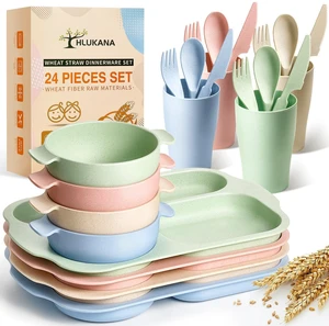 24 Pcs Wheat Straw Dinnerware Cutlery Set, Unbreakable Tableware Set, Including Kids Toddlers Divided Plates, Bowls, Cup, Cutlery Spoons Knifes Forks, BPA Free, Microwave Dishwasher Safe 24 Pcs Wheat Straw Dinnerware Cutlery Set, Unbreakable Tableware Set, Including Kids Toddlers Divided Plates, Bowls, Cup, Cutlery Spoons Knifes Forks, BPA Free, Microwave Dishwasher Safe