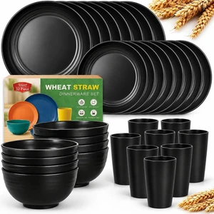 32-Piece Plates and Bowls Sets for 8, Black Kitchen Dinnerware Sets | 13.5oz Cups, Plastic Wheat Straw Unbreakable Dish Set, Dishwasher Safe, for Outdoor Camping RV Apartment Essentials Plate Set 32-Piece Plates and Bowls Sets for 8, Black Kitchen Dinnerware Sets | 13.5oz Cups, Plastic Wheat Straw Unbreakable Dish Set, Dishwasher Safe, for Outdoor Camping RV Apartment Essentials Plate Set