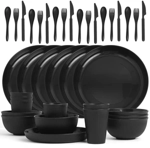 36 Pcs Wheat Straw Dinnerware Set,Dinnerware Sets for 6,Large Round Plates, Bowls and Cups, Unbreakable dish set, Dishwasher and Microwave Safe, Outdoor Camping Dishes (Black) 36 Pcs Wheat Straw Dinnerware Set,Dinnerware Sets for 6,Large Round Plates, Bowls and Cups, Unbreakable dish set, Dishwasher and Microwave Safe, Outdoor Camping Dishes (Black)