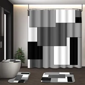 Bathroom Sets with Shower Curtain and Rugs, Set of 4, Checkered | Geometric Abstract Modern Bathroom Decor Set with Toilet Lid Cover, Non-Slip Bath Mats and Accessories 12 Hooks Bathroom Sets with Shower Curtain and Rugs, Set of 4, Checkered | Geometric Abstract Modern Bathroom Decor Set with Toilet Lid Cover, Non-Slip Bath Mats and Accessories 12 Hooks