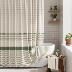 Boho Shower Curtain, Modern Farmhouse Shower Curtain Set with Tassels, Rustic Faux Linen Green Striped Shower Curtain with Hooks, Light Tan Toned, 72x72 Inches Boho Shower Curtain, Modern Farmhouse Shower Curtain Set with Tassels, Rustic Faux Linen Green Striped Shower Curtain with Hooks, Light Tan Toned, 72x72 Inches