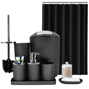 Black Bathroom Accessories Set, 10Pcs Bathroom Accessory Sets Complete with Trash Can, Shower Curtain, Vanity Tray, Soap Dispenser, Soap Dish, Toothbrush Holder&Cup, Toilet Brush&Holder, Qtip Holder Black Bathroom Accessories Set, 10Pcs Bathroom Accessory Sets Complete with Trash Can, Shower Curtain, Vanity Tray, Soap Dispenser, Soap Dish, Toothbrush Holder&Cup, Toilet Brush&Holder, Qtip Holder