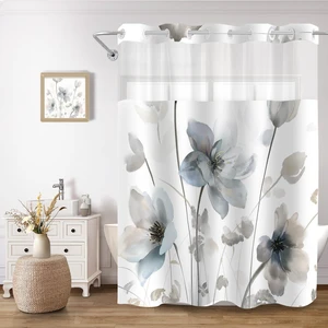 No Hook Shower Curtain and Liner Set, Blue Grey Boho Floral 71x74 | Watercolor Boho Flower, with Snap in Liner, Mesh Top Window, Machine Washable, Quick-Drying, for Hotel Bathroom No Hook Shower Curtain and Liner Set, Blue Grey Boho Floral 71x74 | Watercolor Boho Flower, with Snap in Liner, Mesh Top Window, Machine Washable, Quick-Drying, for Hotel Bathroom