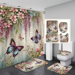 4pcs Spring Butterfly Shower Cutain Set Bathroom Decor with Rugs | Bath Accessories with Waterproof Curtain, Bath Mat, Toilet Lid Cover, U-Shaped Rug and 12 Hooks for Washroom, 71*71in 4pcs Spring Butterfly Shower Cutain Set Bathroom Decor with Rugs | Bath Accessories with Waterproof Curtain, Bath Mat, Toilet Lid Cover, U-Shaped Rug and 12 Hooks for Washroom, 71*71in