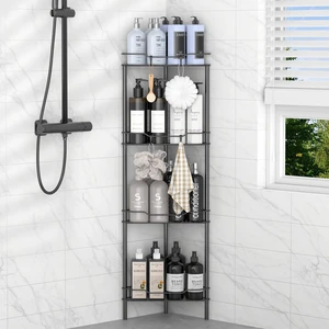 4 Tier Floor Standing Corner Shower Caddy Organizer Shelf with Hooks, Bathroom Shelves Stand Rack, Black 4 Tier Floor Standing Corner Shower Caddy Organizer Shelf with Hooks, Bathroom Shelves Stand Rack, Black