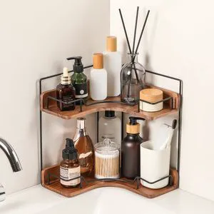 2-Tier Bathroom Counter Organizer, Wooden Corner Shelf for Vanity Countertop Skincare & Makeup, Storage and Organization for Kitchen 2-Tier Bathroom Counter Organizer, Wooden Corner Shelf for Vanity Countertop Skincare & Makeup, Storage and Organization for Kitchen