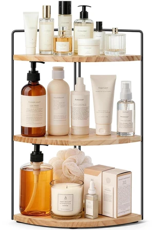 3 Tier Corner Bathroom Counter Organizer Solid Wood + Metal Stand, Bathroom Countertop Organizer for Skincare, Makeup & Vanity, Space-Saving Rustic Storage for Sink, Kitchen & Bathroom 3 Tier Corner Bathroom Counter Organizer Solid Wood + Metal Stand, Bathroom Countertop Organizer for Skincare, Makeup & Vanity, Space-Saving Rustic Storage for Sink, Kitchen & Bathroom