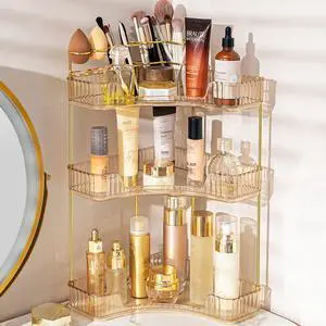 Makeup Organizer 3-Tier Bathroom Counter Organizer with Makeup Brush Holder | Corner Bathroom Organizer Countertop, Acrylic Counter Storage for Bathroom Dresser, Skincare Perfume Organizer- Amber Gold Makeup Organizer 3-Tier Bathroom Counter Organizer with Makeup Brush Holder | Corner Bathroom Organizer Countertop, Acrylic Counter Storage for Bathroom Dresser, Skincare Perfume Organizer- Amber Gold