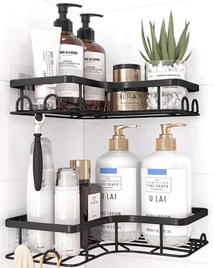 Black Corner Shower Caddy Adhesive No Drilling Bathroom Shelves | 2 Pack, 8 Hooks, Rustproof, Stainless Steel, Wall Mounted, Space Saving, Organizers, Storage Racks, Medium, Shampoo Holder Black Corner Shower Caddy Adhesive No Drilling Bathroom Shelves | 2 Pack, 8 Hooks, Rustproof, Stainless Steel, Wall Mounted, Space Saving, Organizers, Storage Racks, Medium, Shampoo Holder