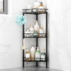 Standing Shower Caddy Corner - 3Tier Stainless Steel ShowerOrganizer Shelf with 12 Hooks and Adhesive Pads, Rustproof Corner Shelves Stand Rack for Bathroom Shower Room, Black Standing Shower Caddy Corner - 3Tier Stainless Steel ShowerOrganizer Shelf with 12 Hooks and Adhesive Pads, Rustproof Corner Shelves Stand Rack for Bathroom Shower Room, Black