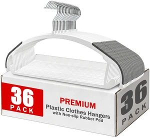 36 Pack Non-Slip Plastic Clothes Hangers with Rubber Pad for Coats | Plastic material, slim profile, 360° swivel metal hook, heavy duty, Closet/laundry use, for Coat, Suit, Shirt, Pant, Dress 36 Pack Non-Slip Plastic Clothes Hangers with Rubber Pad for Coats | Plastic material, slim profile, 360° swivel metal hook, heavy duty, Closet/laundry use, for Coat, Suit, Shirt, Pant, Dress