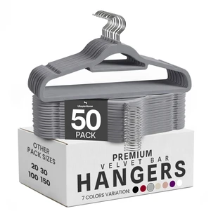 Velvet Hangers 50 Pack Premium Hangers with Tie Bar - Grey | Non-Slip Slim Clothes & Coat Hangers with Tie Bar, Space-Saving Heavy Duty Design, 360° Swivel Hook Velvet Hangers 50 Pack Premium Hangers with Tie Bar - Grey | Non-Slip Slim Clothes & Coat Hangers with Tie Bar, Space-Saving Heavy Duty Design, 360° Swivel Hook