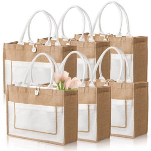 6 Pack Jute Tote Bags, 16.5"x 13"x 7" Large Burlap Tote Bag with Handles, Beach Bag for Women, Grocery Bridesmaid Bag Weaving Tote Bags for Beach, Wedding, Shopping, Travel 6 Pack Jute Tote Bags, 16.5"x 13"x 7" Large Burlap Tote Bag with Handles, Beach Bag for Women, Grocery Bridesmaid Bag Weaving Tote Bags for Beach, Wedding, Shopping, Travel