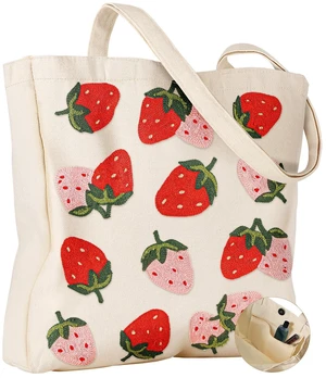 Embroidery Canvas Tote Bag with Pocket & Buckle, Strawberry | Large Capacity, Aesthetic Style, Shoulder Carry, Reusable Cute Tote for Women, Grocery Bag for Work Shopping Embroidery Canvas Tote Bag with Pocket & Buckle, Strawberry | Large Capacity, Aesthetic Style, Shoulder Carry, Reusable Cute Tote for Women, Grocery Bag for Work Shopping