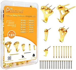 Picture Hanging Kit 103 PCS Heavy Duty Picture Hangers Hooks (10-100lbs) with Nails, Gold Picture Hanging Hooks for Drywall & Wooden & Plaster Wall6 Models Picture Hanging Kit 103 PCS Heavy Duty Picture Hangers Hooks (10-100lbs) with Nails, Gold Picture Hanging Hooks for Drywall & Wooden & Plaster Wall6 Models
