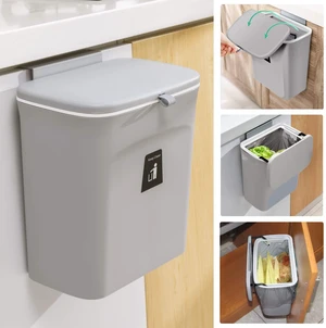 2.4 Gallon Kitchen Compost Bin for Counter Top or Under Sink, Hanging Small Trash Can with Lid for Cupboard/Bathroom/Bedroom/Office/Camping, Mountable Indoor Compost Bucket, Gray 2.4 Gallon Kitchen Compost Bin for Counter Top or Under Sink, Hanging Small Trash Can with Lid for Cupboard/Bathroom/Bedroom/Office/Camping, Mountable Indoor Compost Bucket, Gray