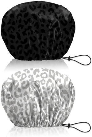 2 PCS Shower Cap Reusable Waterproof Double Layer Elastic Adjustable Hair Bath Caps Cute Aesthetic for Women Girls-Black White Leopard 2 PCS Shower Cap Reusable Waterproof Double Layer Elastic Adjustable Hair Bath Caps Cute Aesthetic for Women Girls-Black White Leopard