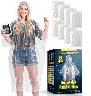 Disposable Rain Ponchos for Adults, 8-Pack Emergency Ponchos with Hood | Clear Ponchos, Waterproof, Lightweight, Compact Individually Packed, Family Pack for Theme Park, Travel, Hiking, Camping Disposable Rain Ponchos for Adults, 8-Pack Emergency Ponchos with Hood | Clear Ponchos, Waterproof, Lightweight, Compact Individually Packed, Family Pack for Theme Park, Travel, Hiking, Camping