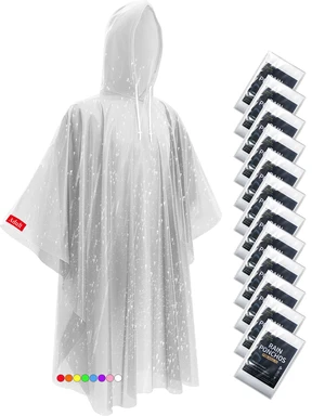 Disposable Rain Ponchos - Extra Long Waterproof Emergency Poncho with Hood for Adults, Bulk Family 12 Pack Raincoat for Park, Concerts, Hiking, Camping Essentials, Home Emergency Survival Kits, Clear Disposable Rain Ponchos - Extra Long Waterproof Emergency Poncho with Hood for Adults, Bulk Family 12 Pack Raincoat for Park, Concerts, Hiking, Camping Essentials, Home Emergency Survival Kits, Clear