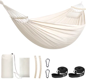 Cotton Hammock 8.9x4.9ft Holds Up to 660lbs Prevents Side-Tipping | Soft Fabric Tree Hammock Camping with Bag Detachable Spreader Bar Pillow 2 Strong Webbings 2 Carabiners Indoor Outdoor Garden Cotton Hammock 8.9x4.9ft Holds Up to 660lbs Prevents Side-Tipping | Soft Fabric Tree Hammock Camping with Bag Detachable Spreader Bar Pillow 2 Strong Webbings 2 Carabiners Indoor Outdoor Garden
