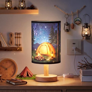 Forest Campfire Table Lamp, USB Plug-in Camping Night Light with Fabric Shade & Wood Base, Woodland Tent Bedside Lamp for Bedroom Living Room Cabin Campsite Party Decor Forest Campfire Table Lamp, USB Plug-in Camping Night Light with Fabric Shade & Wood Base, Woodland Tent Bedside Lamp for Bedroom Living Room Cabin Campsite Party Decor