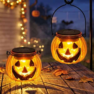 Halloween Pumpkin Solar Lantern, 2 Pack Glass Hanging Light Outdoor | Orange Pumpkin JackO'-Lantern with Spooky Grin Face Projection; Tabletop Lamp; Auto On/Off; IP44 Waterproof; Warm White Glow Halloween Pumpkin Solar Lantern, 2 Pack Glass Hanging Light Outdoor | Orange Pumpkin JackO'-Lantern with Spooky Grin Face Projection; Tabletop Lamp; Auto On/Off; IP44 Waterproof; Warm White Glow