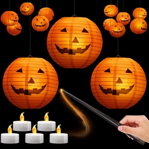12pcs 10in Floating Jack-O-Lanterns | with Wand Remote and 24pcs LED Tea Lights for Decor 12pcs 10in Floating Jack-O-Lanterns | with Wand Remote and 24pcs LED Tea Lights for Decor